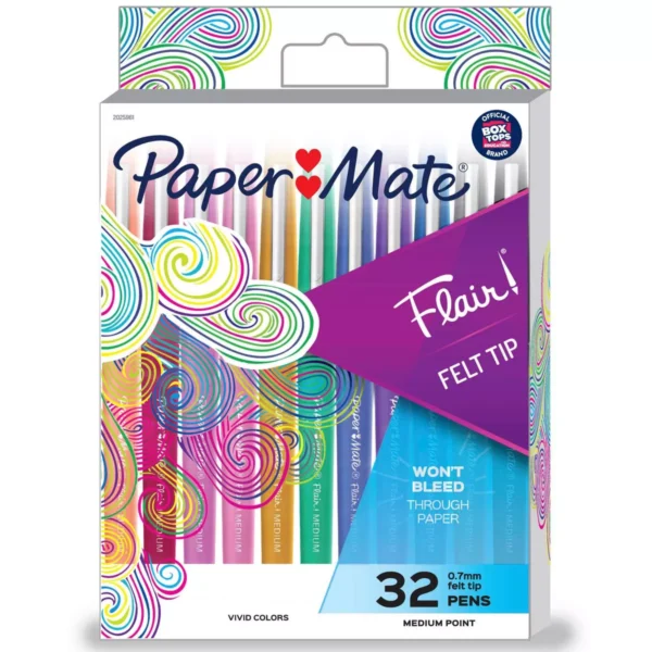 Paper Mate Flair 32pk Felt Pens 0.7mm Medium Tip Multicolored: School Supplies, Stationery, Durable, Fade-Resistant, Art Set